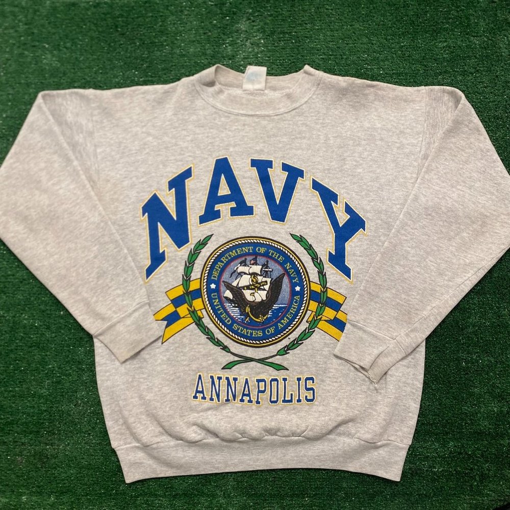 Vintage 80s US Navy Annapolis Crewneck Sweatshirt Gray L USN Military Fleece